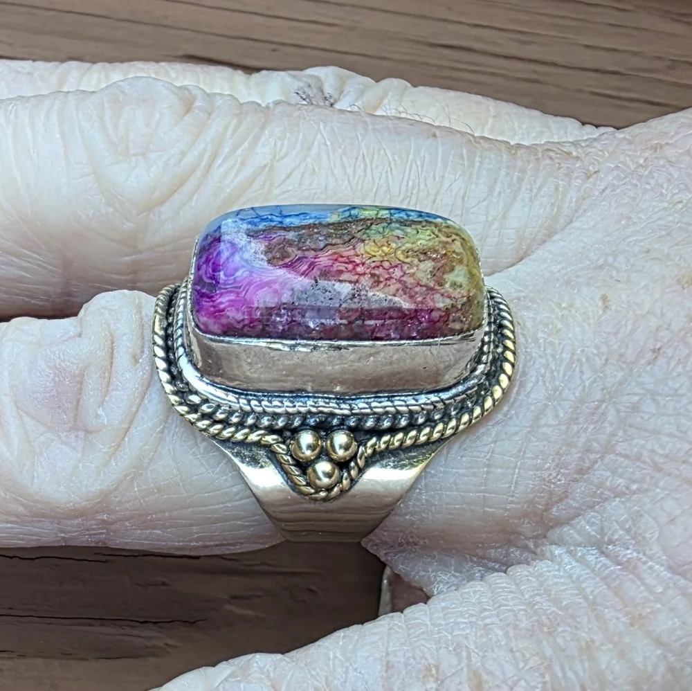 Crazy Lace Gemstone Ring in 925 Sterling Silver w/ Gold Vermeil Accents (7)